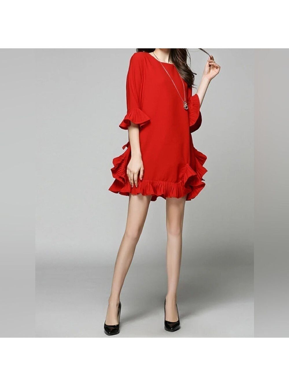 Ruffle Hem 3/4 Length Ruffle Sleeve Mini Dress SZ M